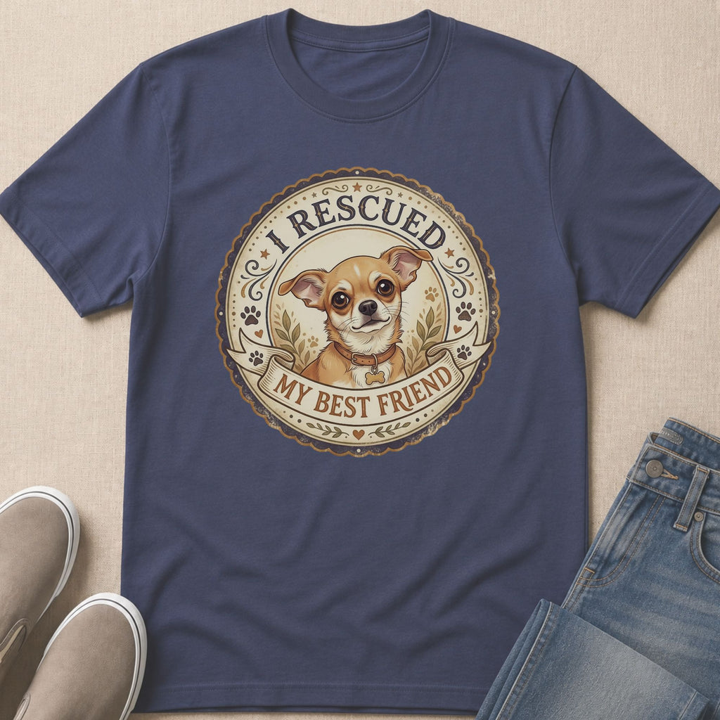 Navy t-shirt with a circular graphic featuring a chihuahua and text "I RESCUED MY BEST FRIEND".