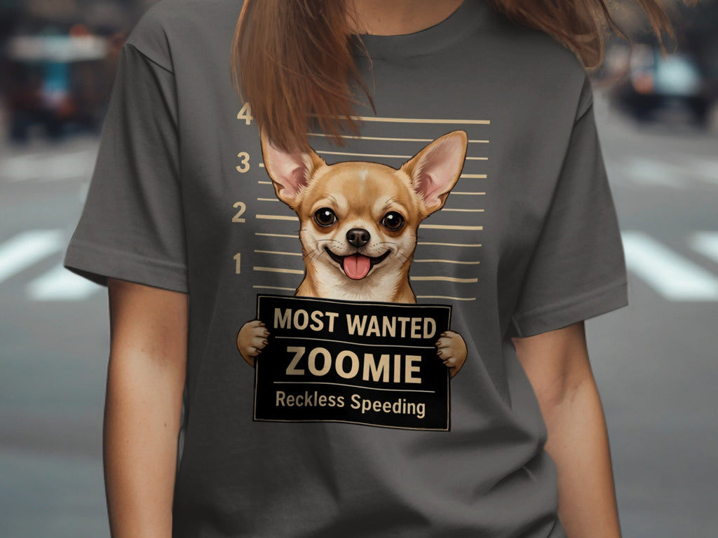 Chihuahua mugshot t-shirt with text "Most Wanted Zoomie Reckless Speeding".