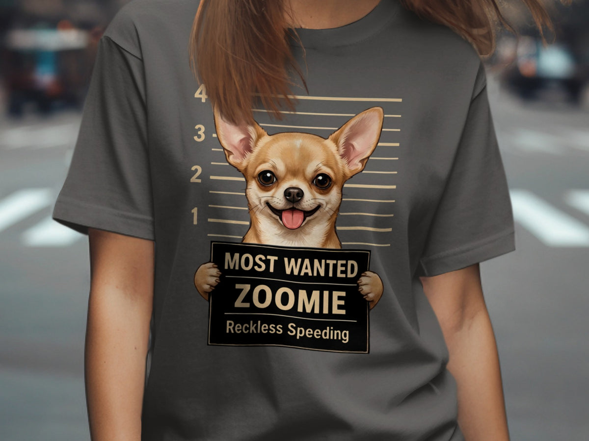 Chihuahua mugshot t-shirt with text "Most Wanted Zoomie Reckless Speeding".