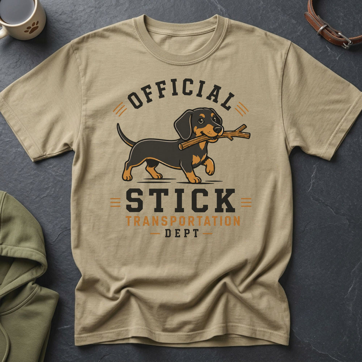 T-shirt with dachshund graphic and text "Official Stick Transportation Dept".