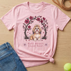 Pink t-shirt with a Shih Tzu dog and cherry blossoms, text "Soft Heart Loyal Soul".