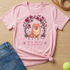 Pink t-shirt with a Pomeranian dog graphic and text "Soft Heart Loyal Soul".