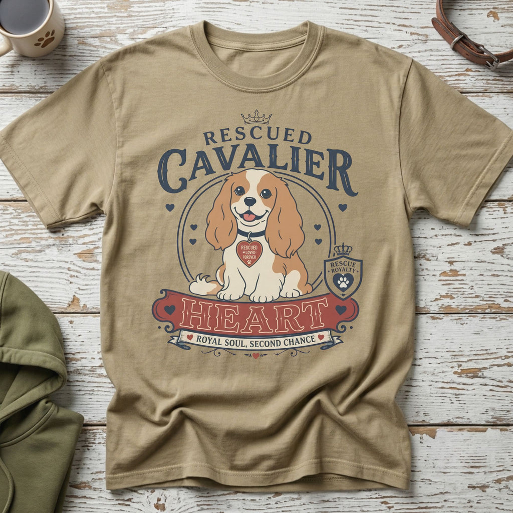 T-shirt with a Cavalier King Charles Spaniel graphic, text "Rescued Cavalier Heart".