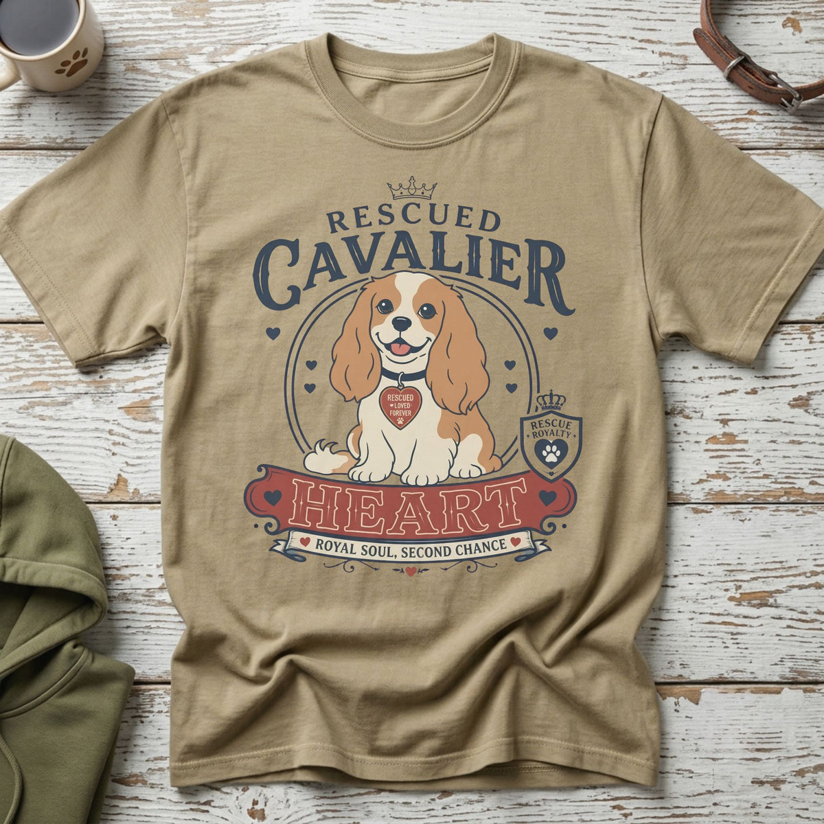 T-shirt with a Cavalier King Charles Spaniel graphic, text "Rescued Cavalier Heart".