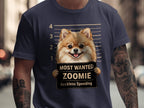 Pomeranian dog mugshot t-shirt design with "Most Wanted Zoomie" and "Reckless Speeding".