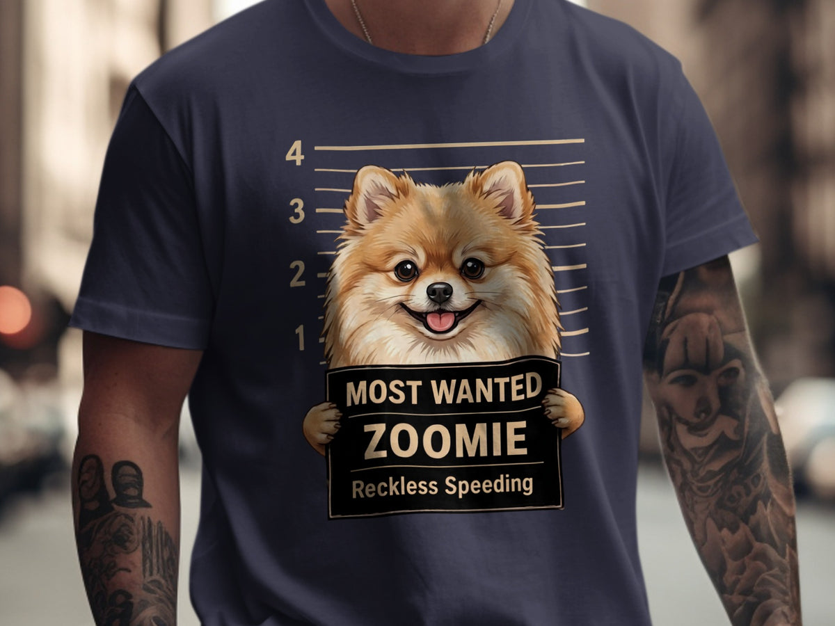 Pomeranian dog mugshot t-shirt design with "Most Wanted Zoomie" and "Reckless Speeding".