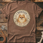 Brown t-shirt with Pomeranian dog graphic reading "I rescued my best friend".
