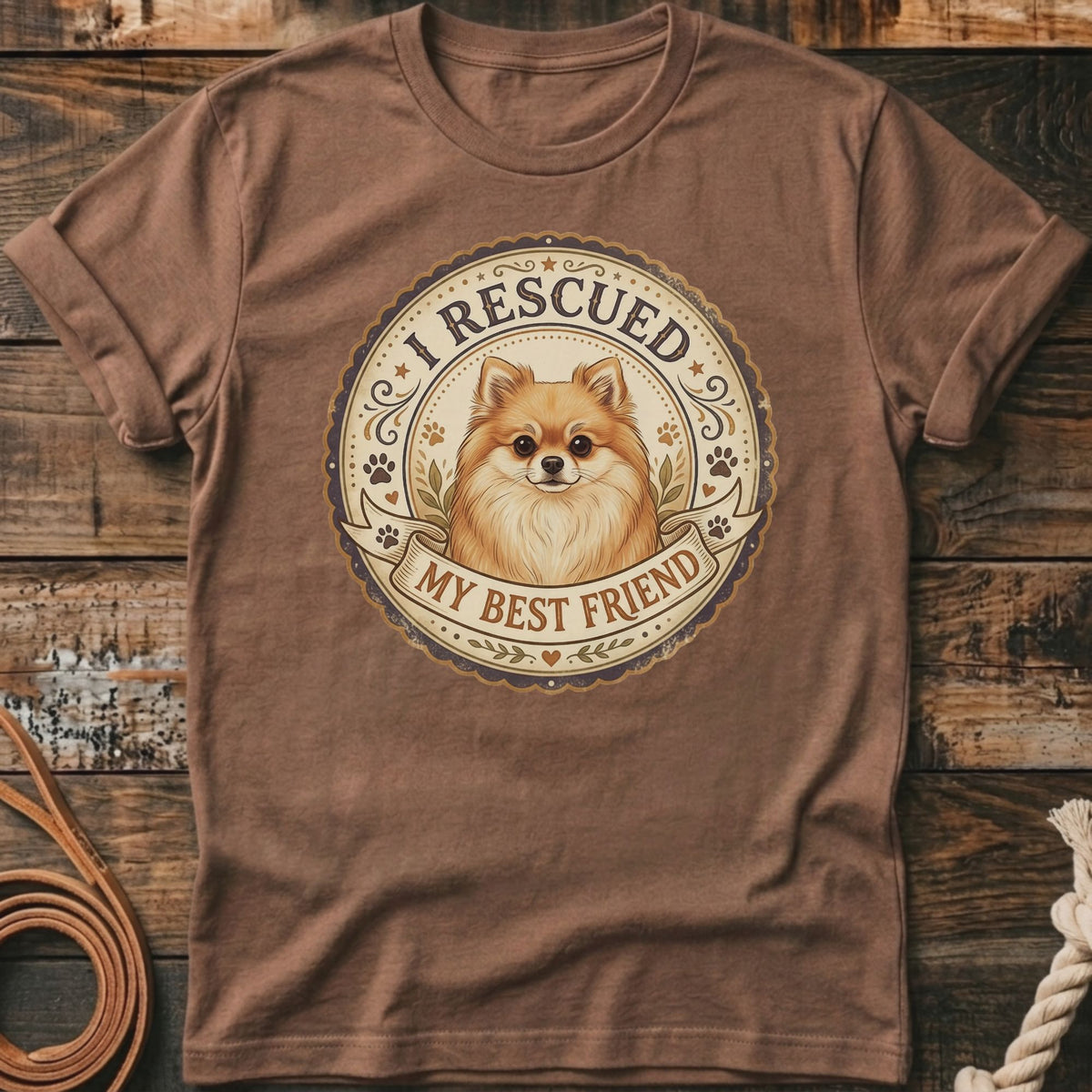 Brown t-shirt with Pomeranian dog graphic reading "I rescued my best friend".