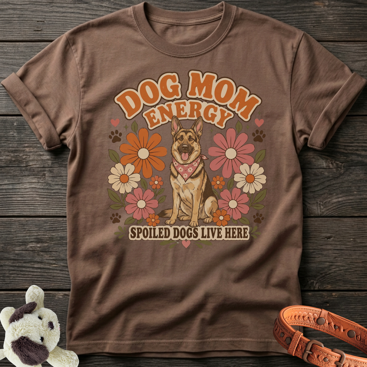 Brown t-shirt with "Dog Mom Energy" and German Shepherd illustration with flowers.