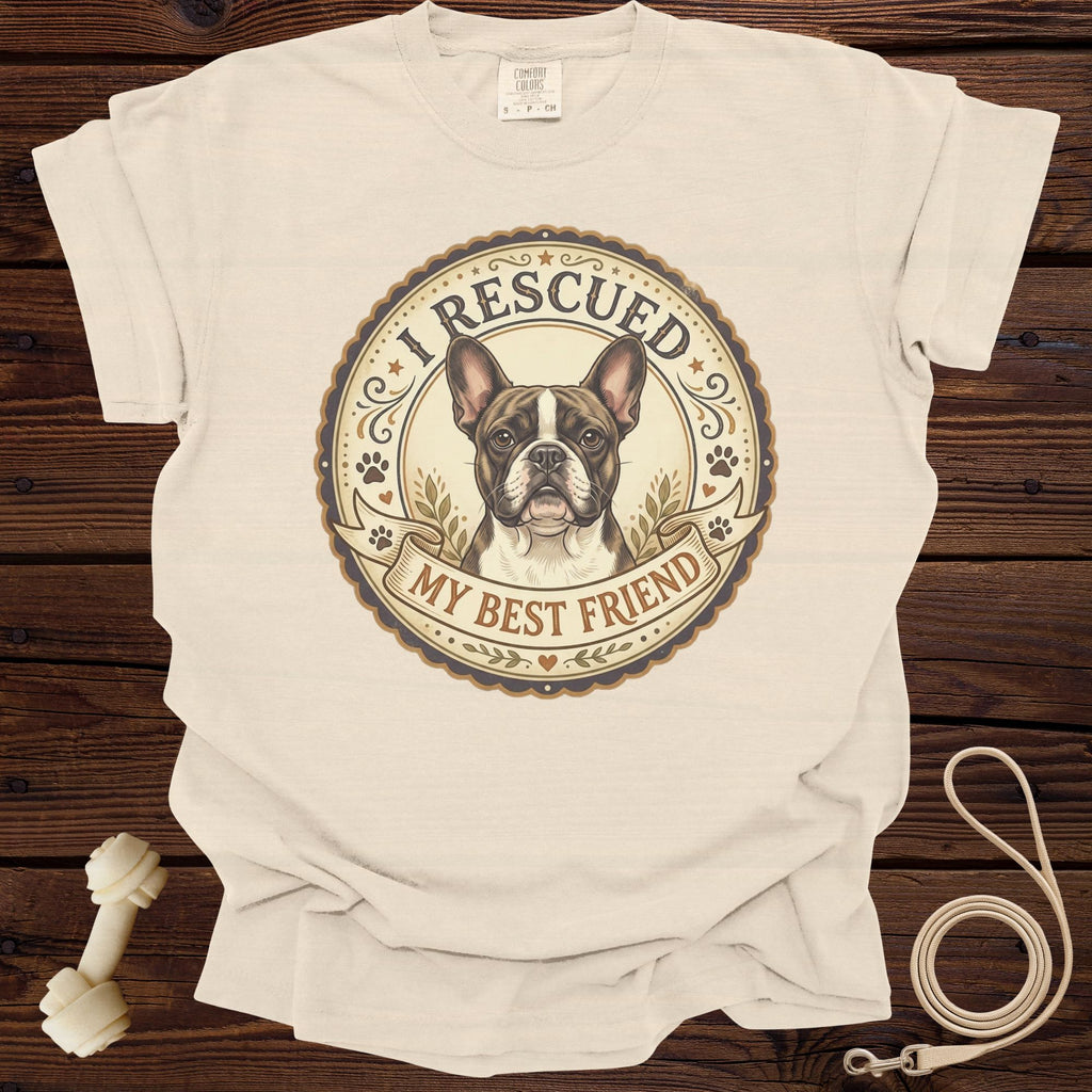 Cream t-shirt with French Bulldog graphic, "I Rescued My Best Friend" text.