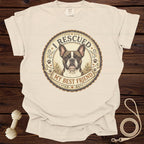 Cream t-shirt with French Bulldog graphic, "I Rescued My Best Friend" text.