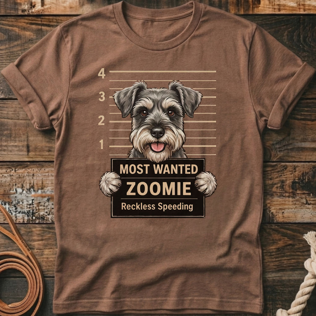 Schnauzer on a brown t-shirt with mugshot background and text "Most Wanted Zoomie Reckless Speeding".