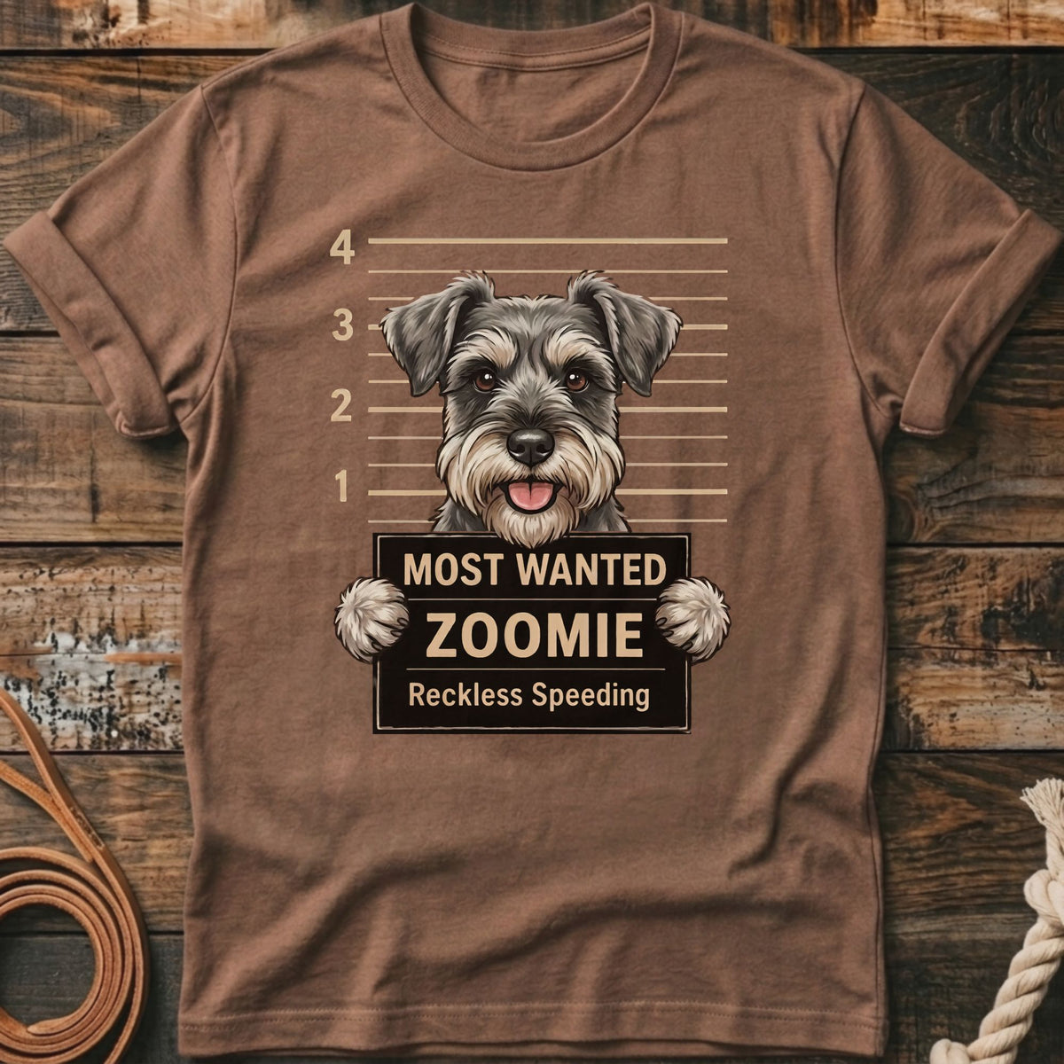 Schnauzer on a brown t-shirt with mugshot background and text "Most Wanted Zoomie Reckless Speeding".