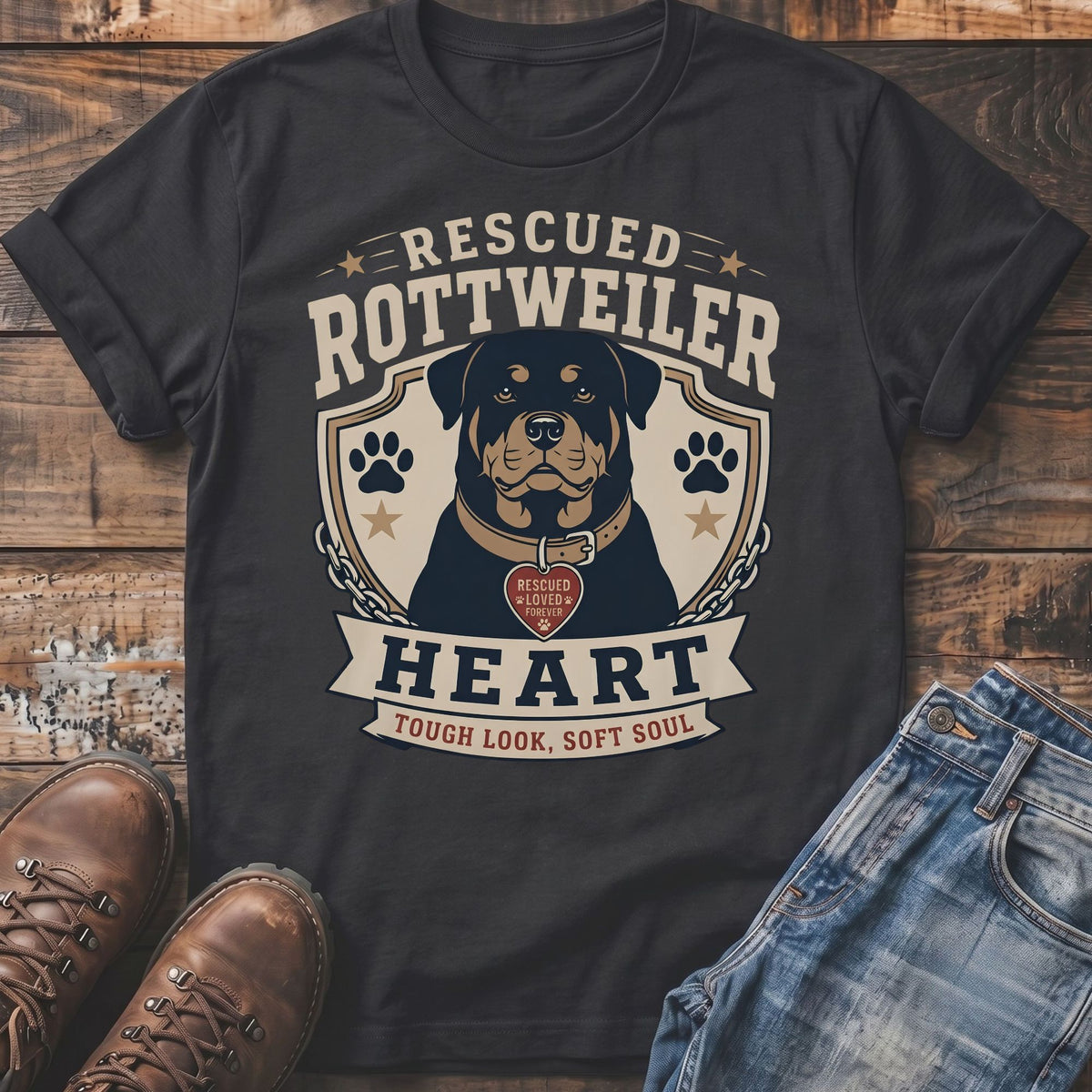 Dark gray t-shirt with Rottweiler graphic: "Rescued Rottweiler Heart Tough Look, Soft Soul".