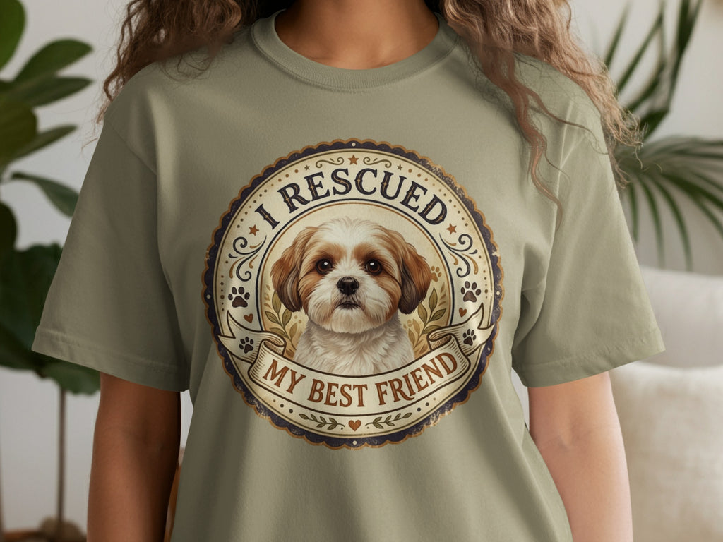 Shih Tzu dog illustration with "I Rescued My Best Friend" text on a green t-shirt.