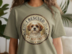 Shih Tzu dog illustration with "I Rescued My Best Friend" text on a green t-shirt.