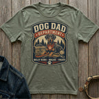 Dog Dad Department shirt features a Doberman with bandana, toolbox, leash, and tennis ball.