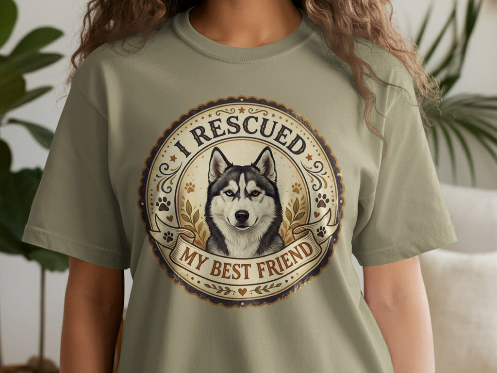 T-shirt with husky portrait and text "I RESCUED MY BEST FRIEND".