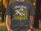 T-shirt graphic: Shih Tzu running with stick, "TRAILHEAD ZOOMIES" text, mountains, trees.