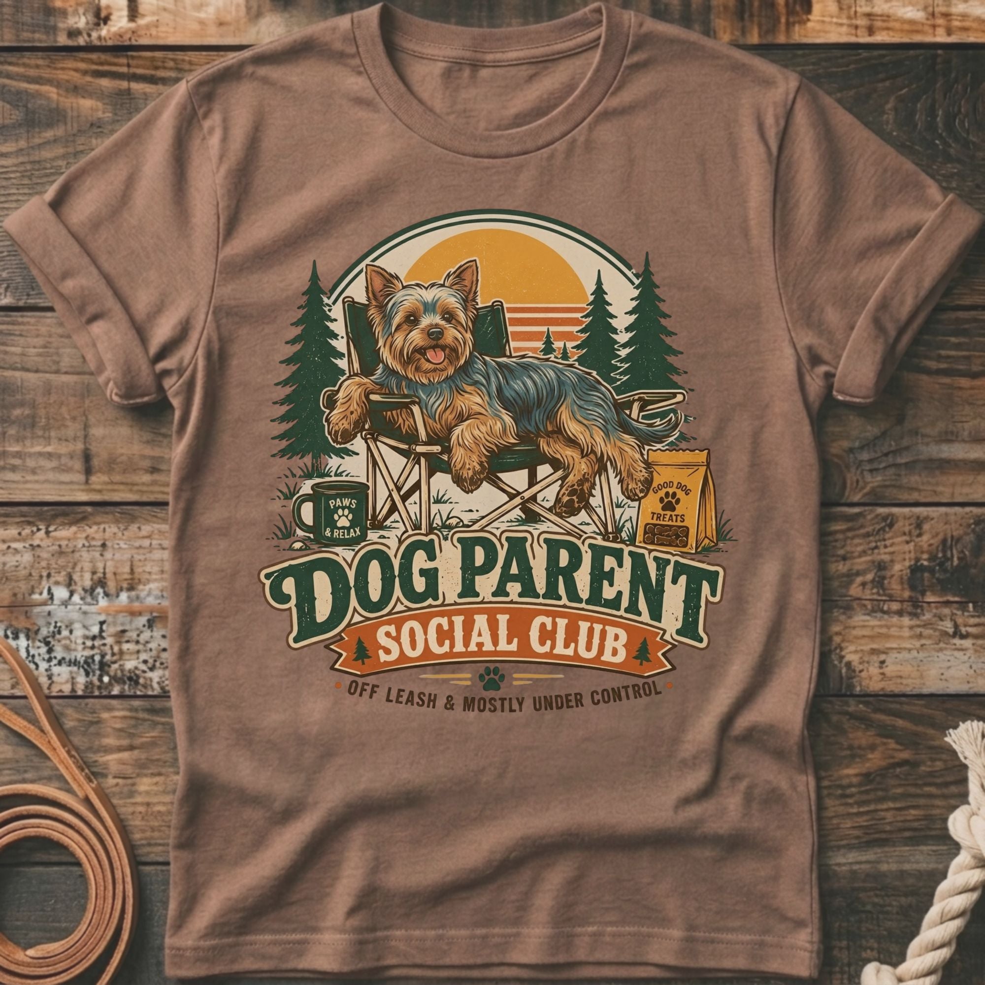 Yorkshire terrier relaxing in a chair with "Dog Parent Social Club" text.