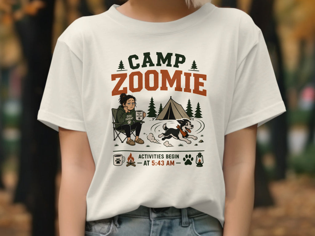 White t-shirt with "CAMP ZOOMIE" text, a tired dog parent, and a running dog.