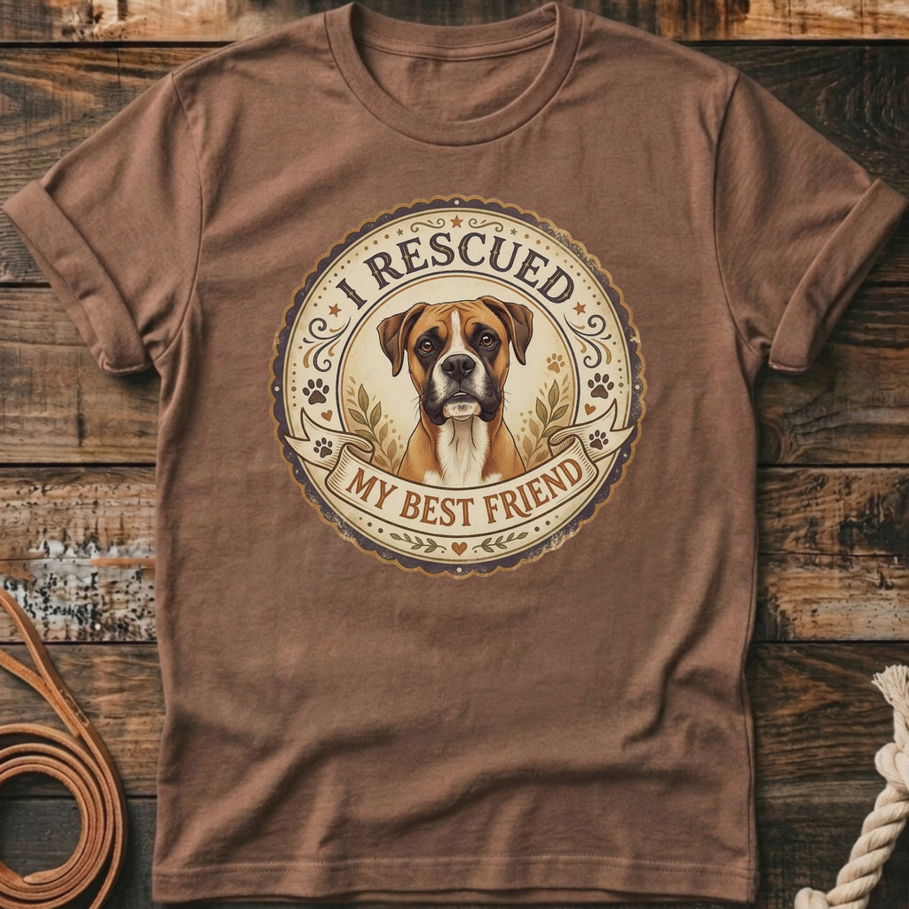 Brown t-shirt with distressed print of a boxer dog and text "I RESCUED MY BEST FRIEND".