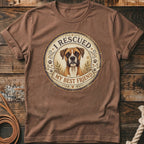 Brown t-shirt with distressed print of a boxer dog and text "I RESCUED MY BEST FRIEND".
