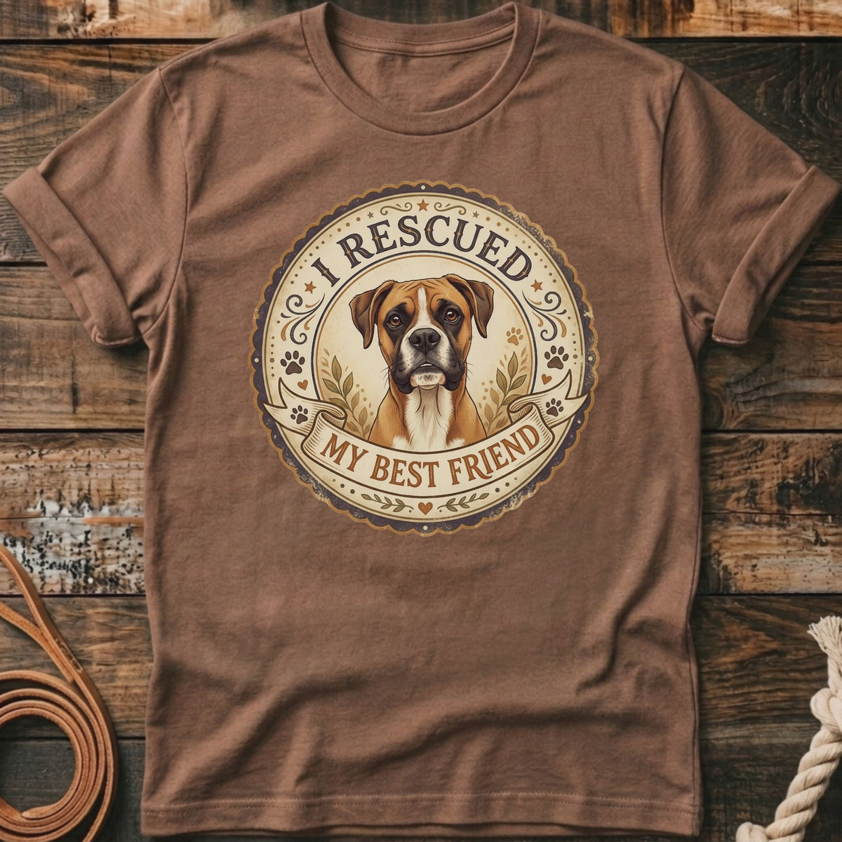 Brown t-shirt with distressed print of a boxer dog and text "I RESCUED MY BEST FRIEND".