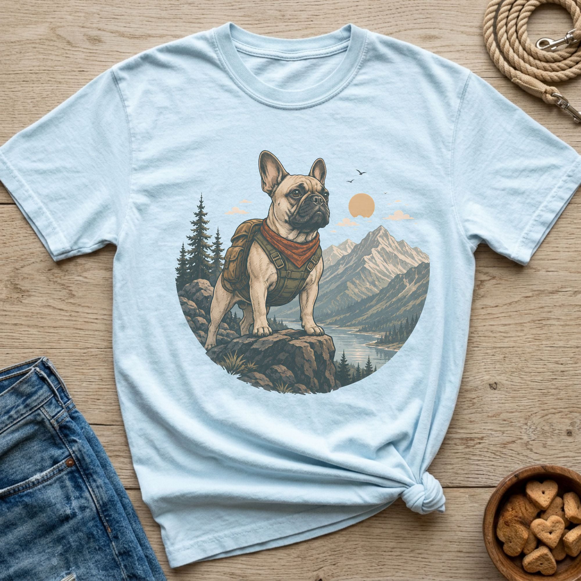 French bulldog wearing backpack and bandana on rocky outcrop with mountain landscape.