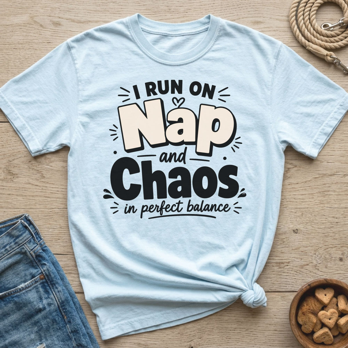Light blue t-shirt with "I RUN ON Nap and Chaos in perfect balance" graphic.