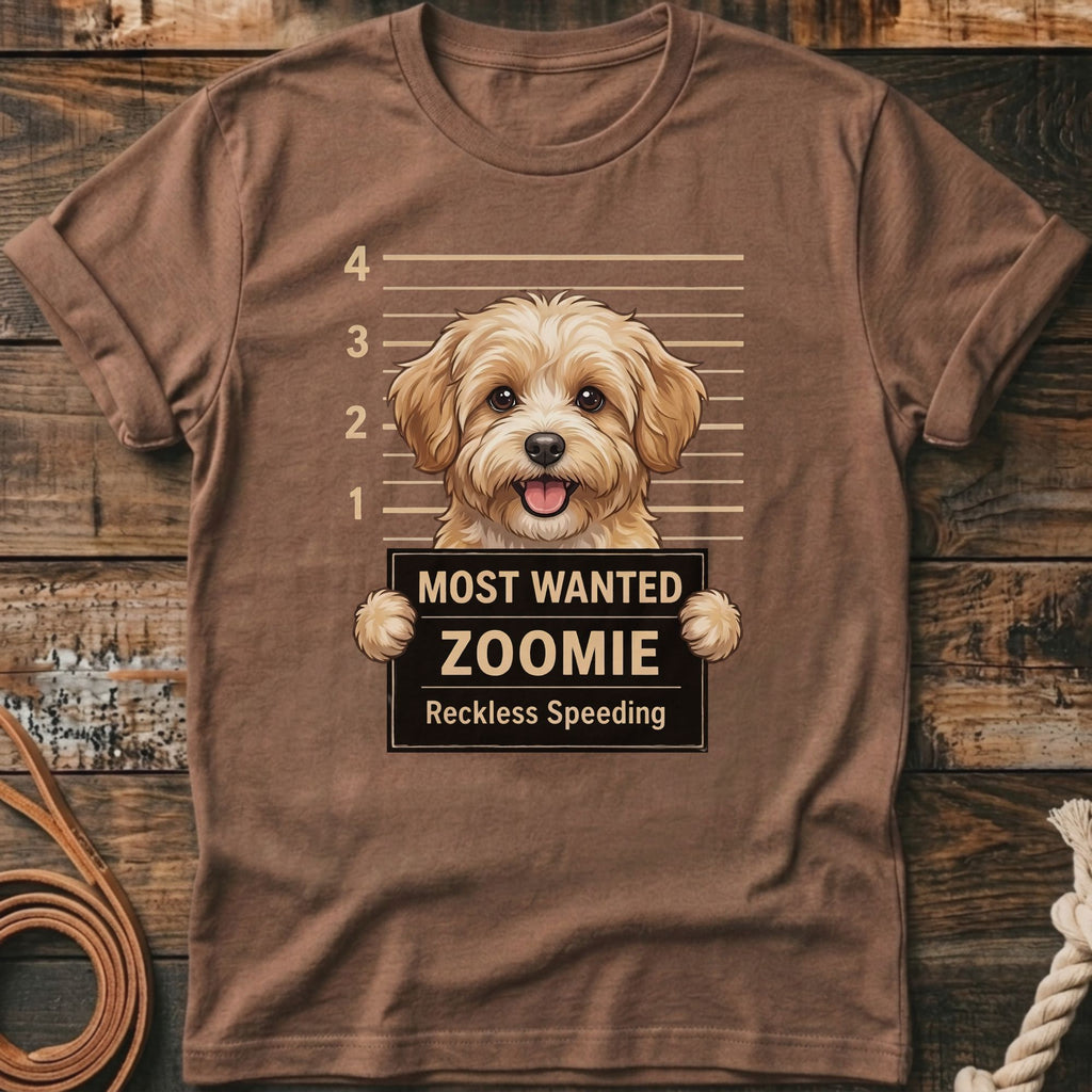 Brown t-shirt graphic of a fluffy dog holding a "Most Wanted Zoomie" sign.