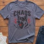 Grey t-shirt with black and red "CHAOS" text and snarling dog graphic.