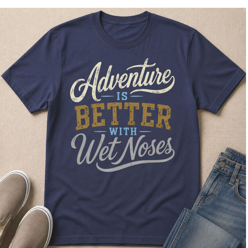 Navy t-shirt with distressed text: "Adventure is Better With Wet Noses"