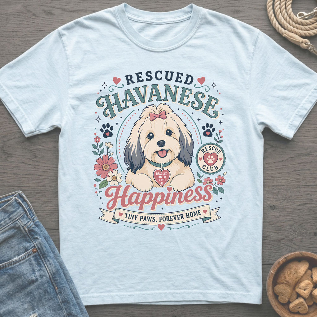 Rescued Havanese Happiness t-shirt with a cute dog, flowers, and rescue club emblem.