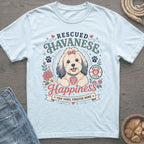 Rescued Havanese Happiness t-shirt with a cute dog, flowers, and rescue club emblem.