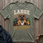 Green t-shirt with illustration of a dog wearing sunglasses and collar, text "LARGE AND IN CHARGE".