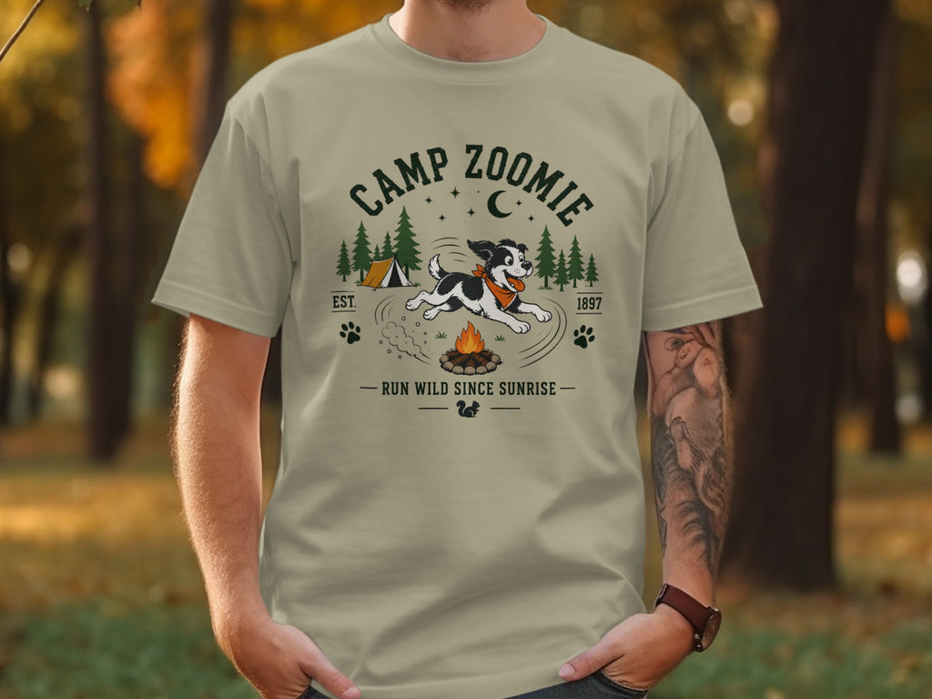T-shirt with "Camp Zoomie" design featuring a dog, tent, campfire, and text.