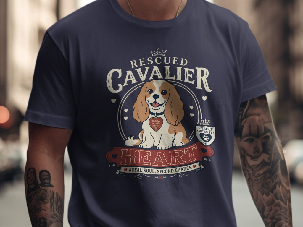 Navy t-shirt with Cavalier King Charles Spaniel graphic and text.