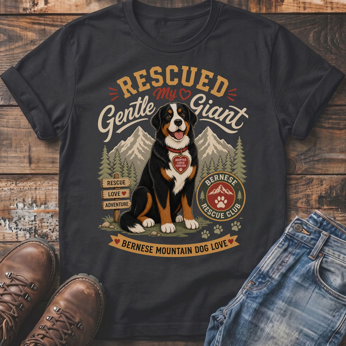 Bernese Mountain Dog graphic with "Rescued My Gentle Giant" and rescue club details.
