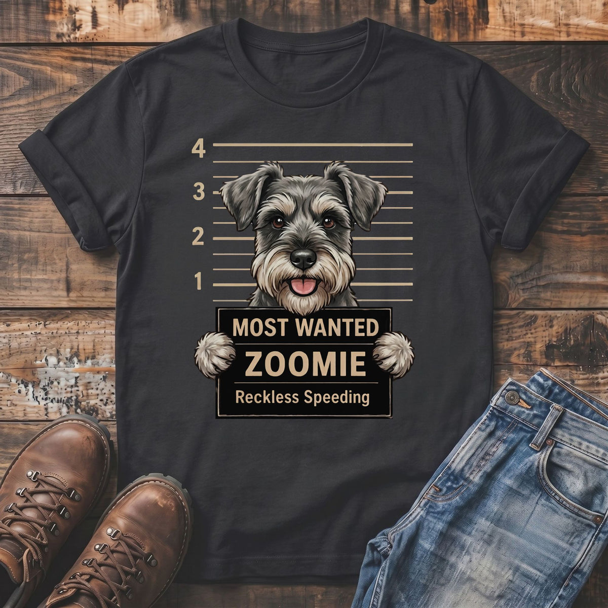 Schnauzer in mugshot with "Most Wanted Zoomie Reckless Speeding" text.