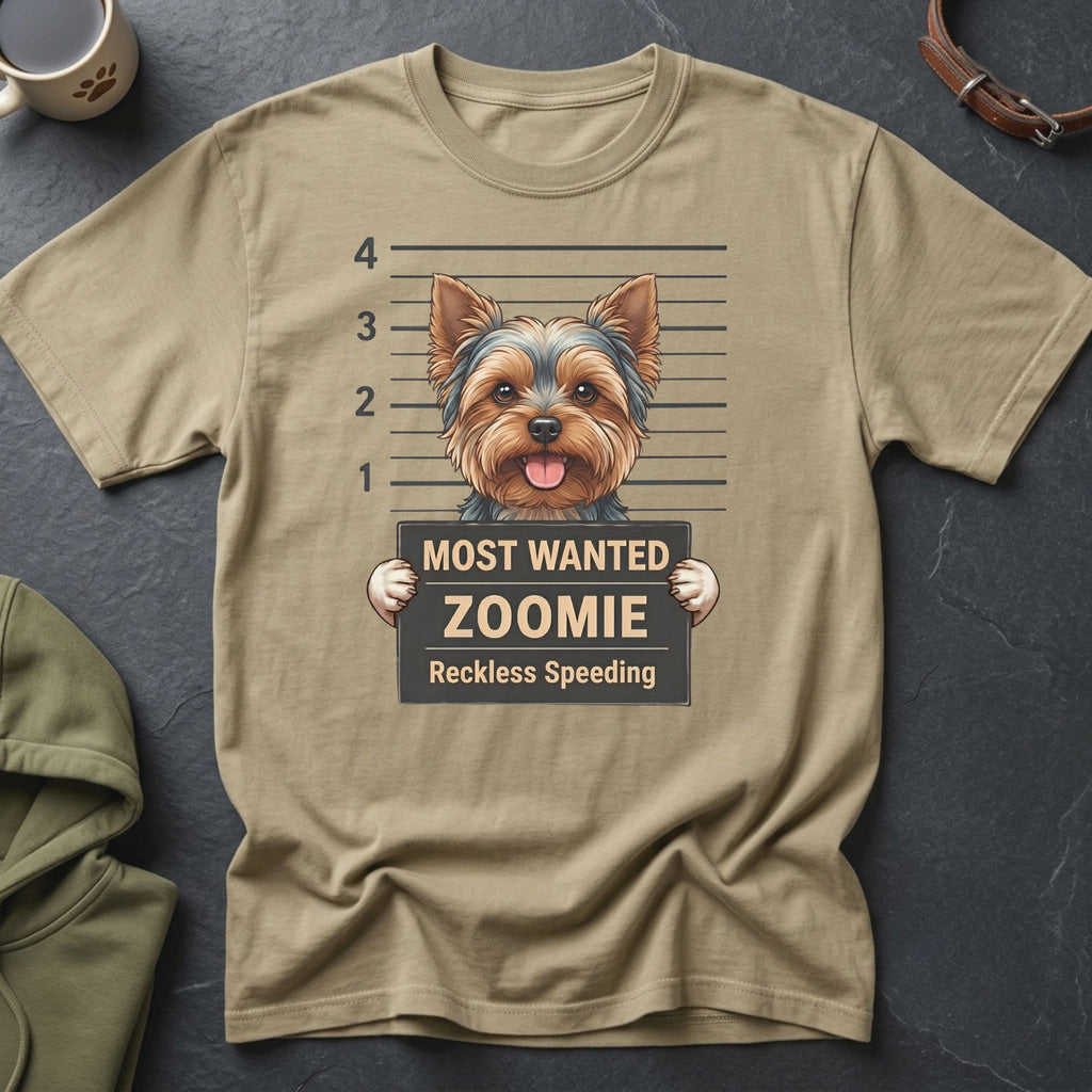 Yorkshire Terrier mugshot on tan t-shirt: MOST WANTED ZOOMIE Reckless Speeding.