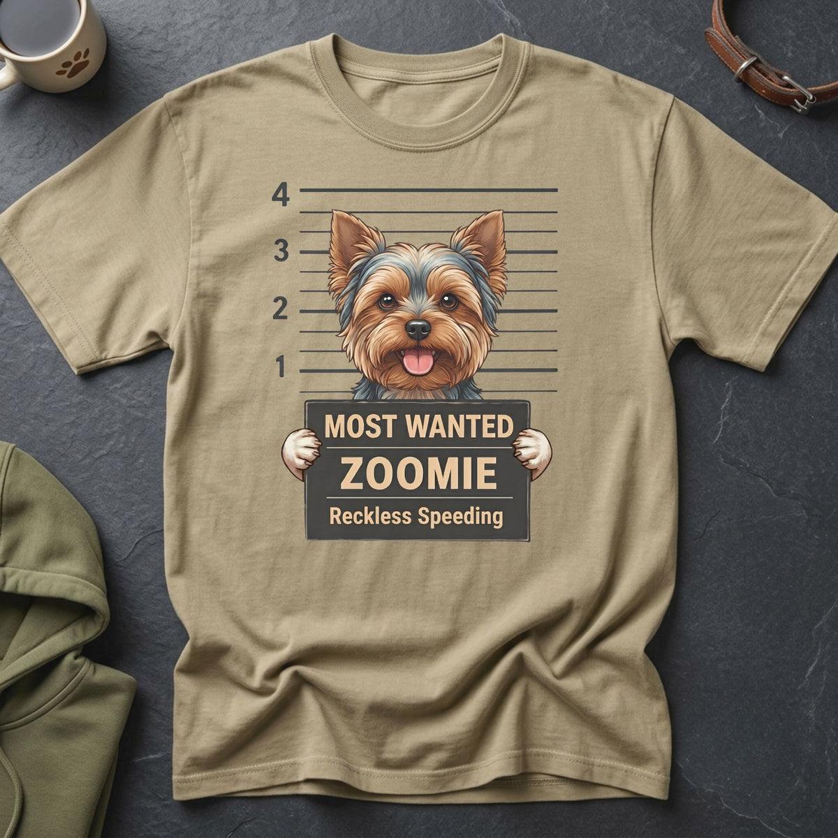 Yorkshire Terrier mugshot on tan t-shirt: MOST WANTED ZOOMIE Reckless Speeding.