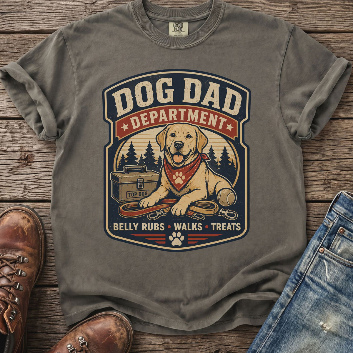 Dog Dad Department graphic with Labrador, toolbox, leash, and text.