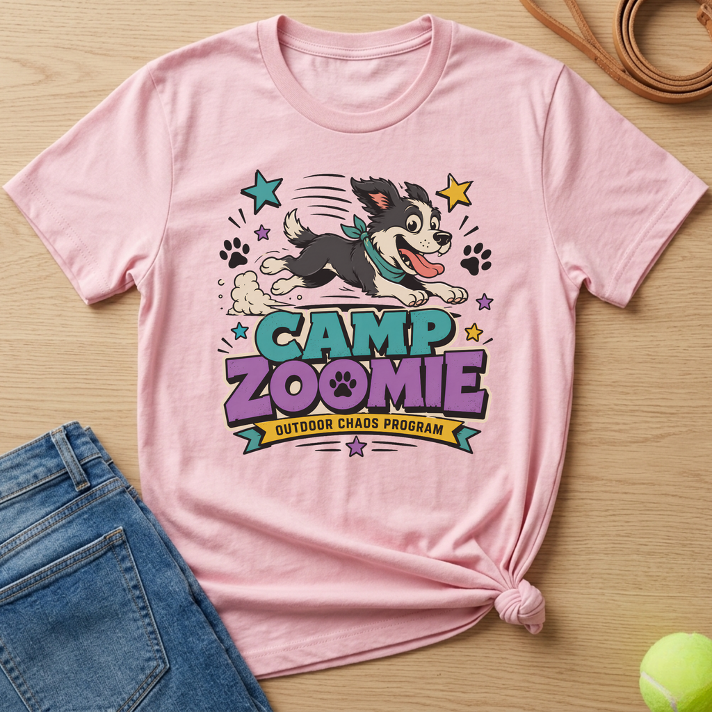 Pink t-shirt with cartoon dog graphic that says "CAMP ZOOMIE OUTDOOR CHAOS PROGRAM".