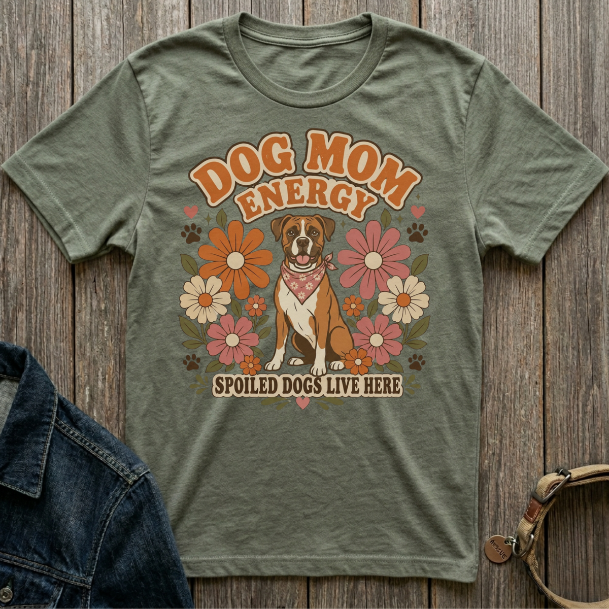 Green t-shirt with "Dog Mom Energy" and a dog surrounded by flowers.