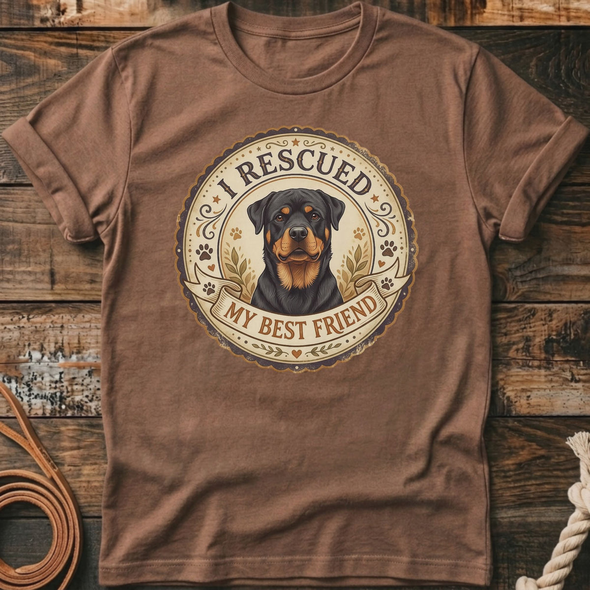 Brown t-shirt with Rottweiler graphic and text "I RESCUED MY BEST FRIEND".