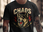 Black t-shirt with "CHAOS" text above snarling dog with red eyes and barbed wire.