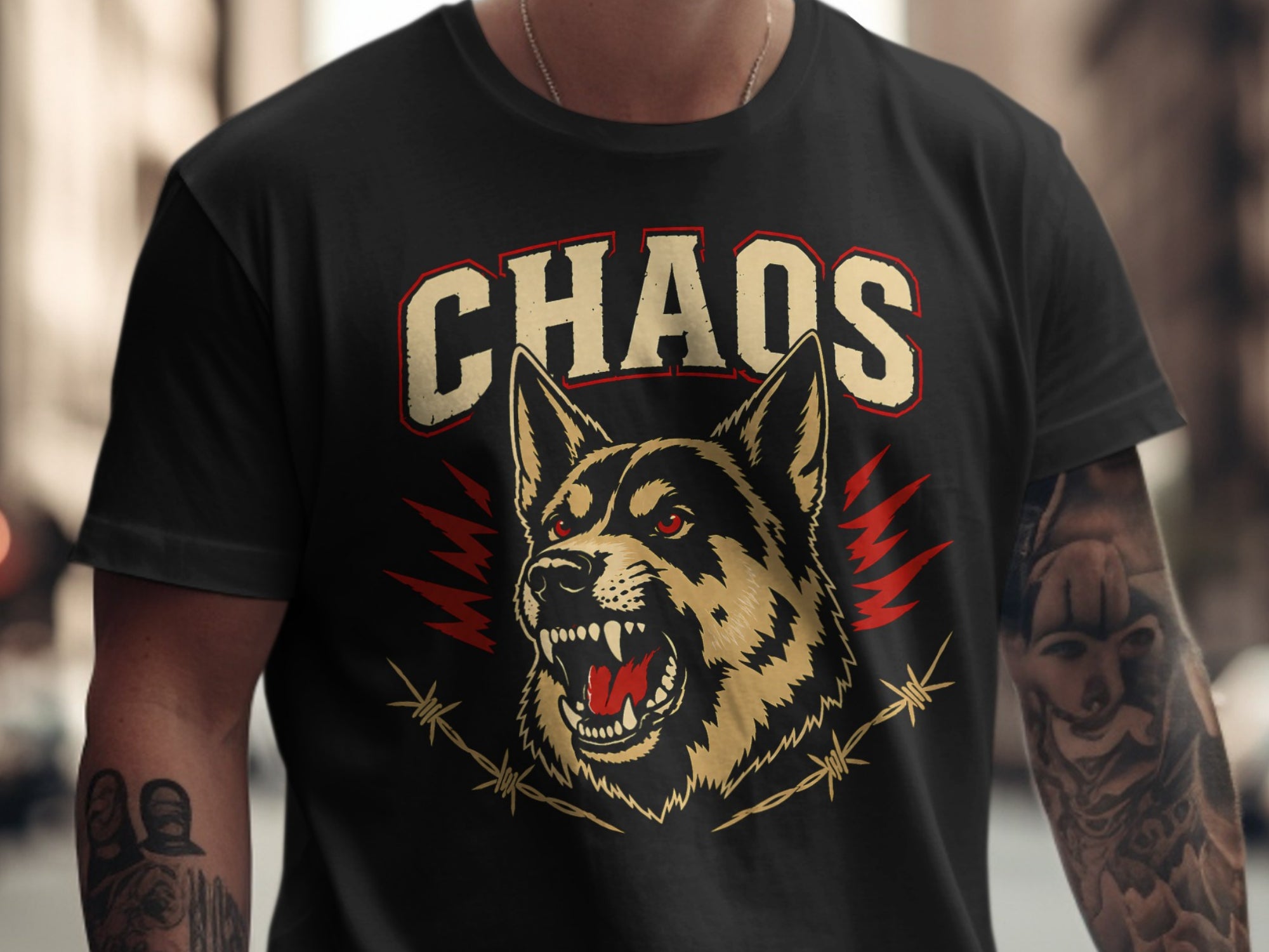Black t-shirt with "CHAOS" text above snarling dog with red eyes and barbed wire.