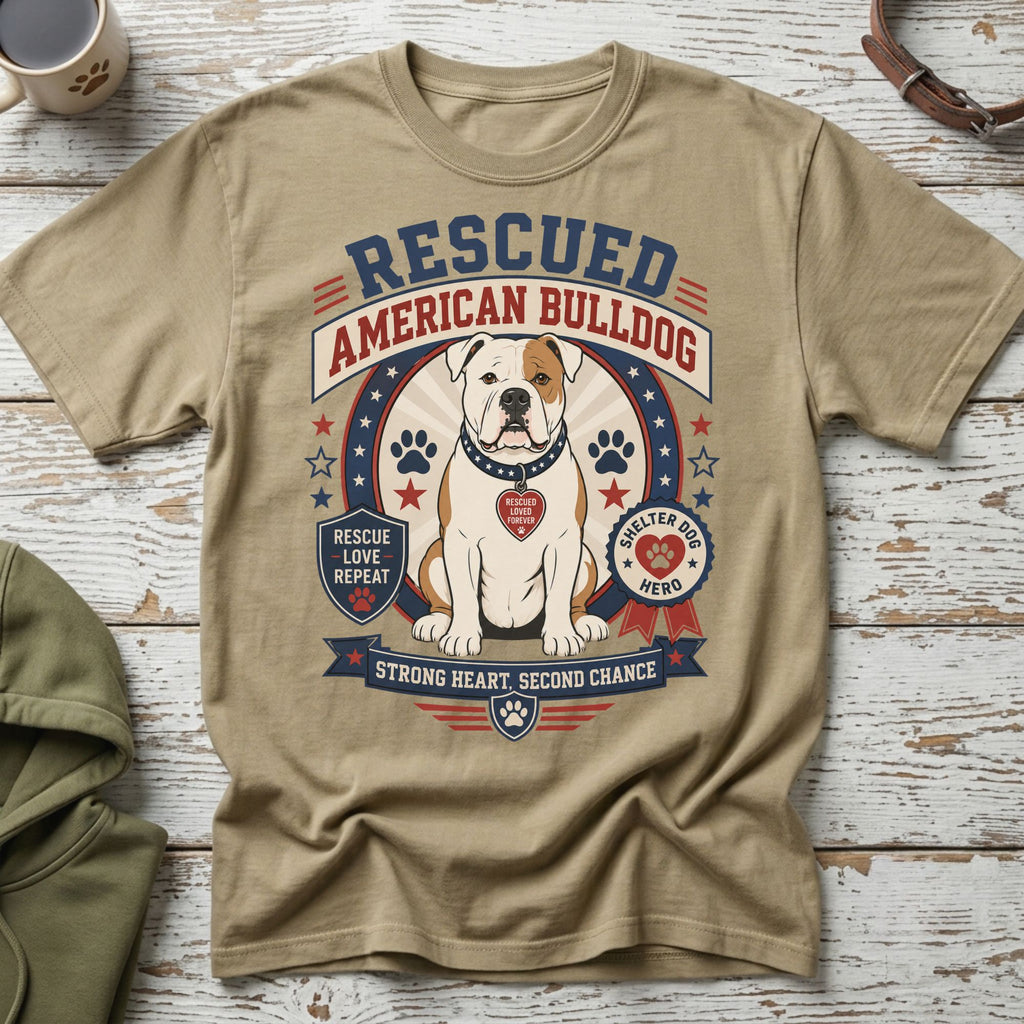 T-shirt with "Rescued American Bulldog" design and a seated bulldog.