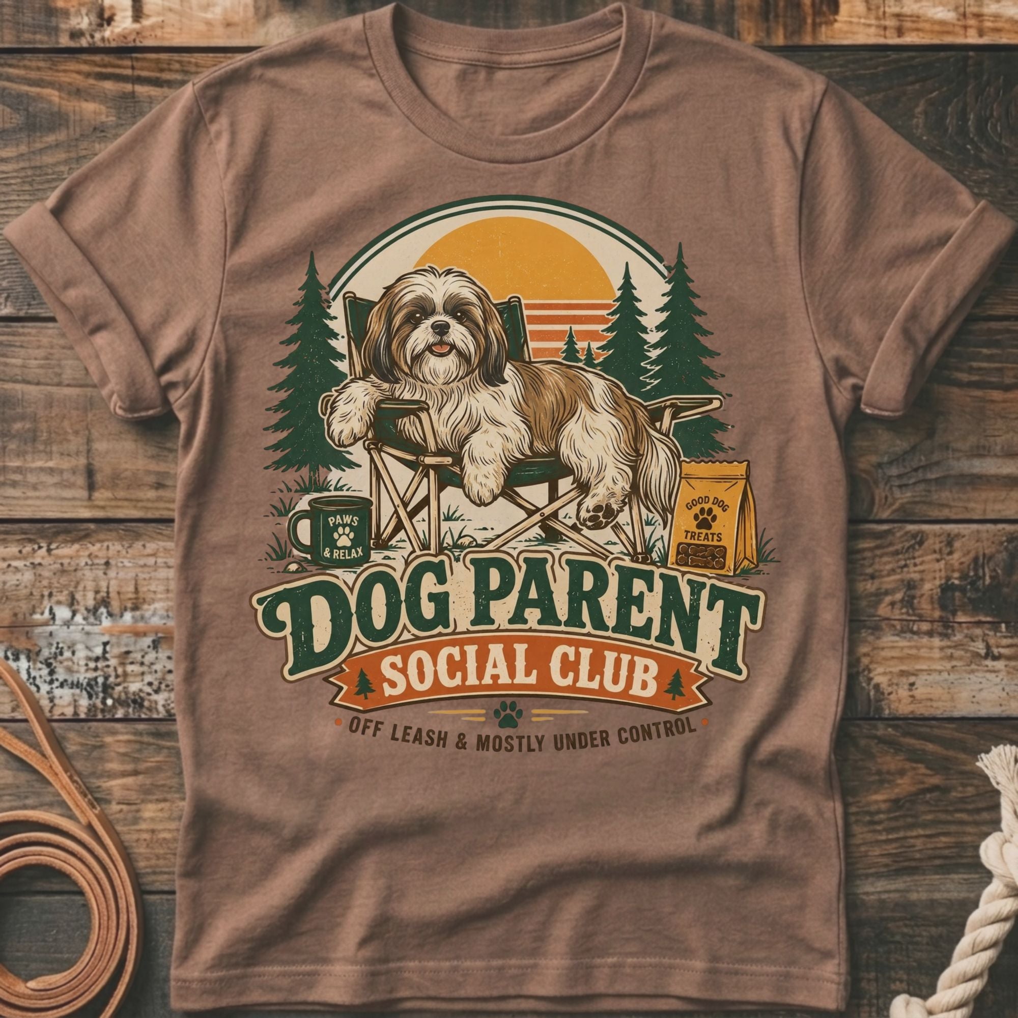 Shih Tzu relaxing in a chair with "Dog Parent Social Club" text.
